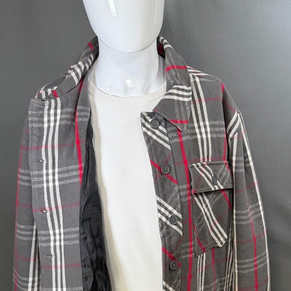 Empyre Kiva Plaid Shacket Jacket Men’s Large Charcoal Red Lined Button Front - Picture 6 of 10